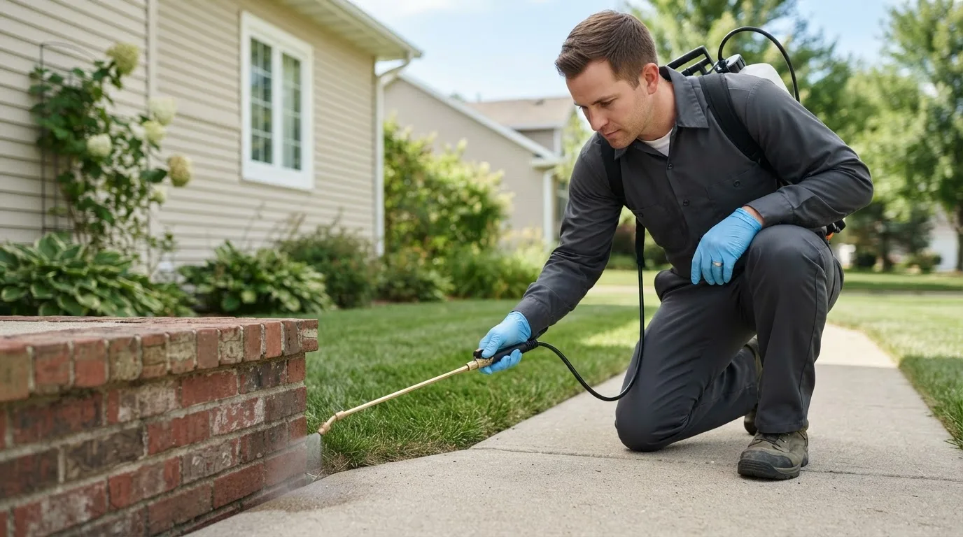 Pest control technician treating a home near West Simsbury, CT