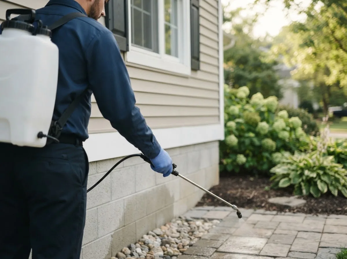Pest control technician inspecting a home in West Simsbury, CT